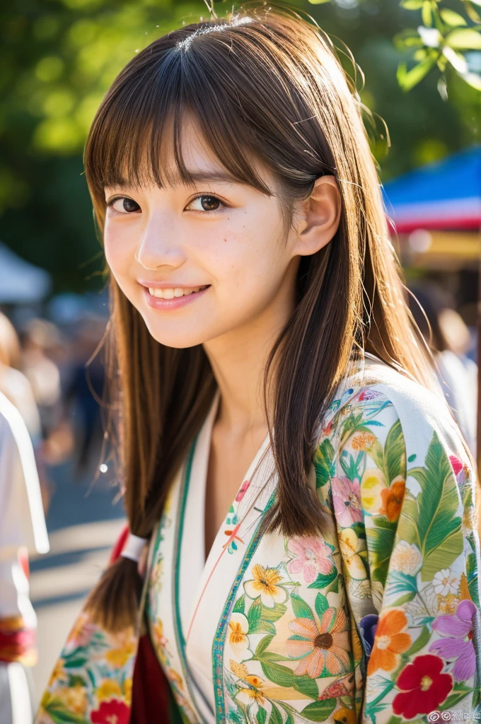 Japanese traditional kimono, flower pattern yukata, summer festival night stall, first year high school student, ((full body)), ((photo)), ((best qualtiy, 8K, tmasterpiece:1.3)), Focus:1.2, perfect figure beautiful girl:1.4, 1girl, cowboy shot, look at viewer, incredibly absurd, beautiful and cute girl with a photorealistic face, showcasing top-quality craftsmanship, A Japanese girl walking around looking at the food stalls at a summer festival on a night, ************, straight hair that reaches about 10cm below the shoulders, light brown hair color, shiny hair, bangs cut straight above the eyes, hair tucked behind the ears, soft round face, large almond-shaped eyes, light brown eye color, long eyelashes, thin and neat eyebrows, small nose with a straight bridge, cherry-colored lips, bright smile, white teeth, smooth skin, fair skin, light pigmentation, freckles, average height, supple body, well-balanced proportions, small A-cup breasts, beautiful girl, neat, moe, cheerful, curious, friendly, polite, responsible, likes festivals and events, August