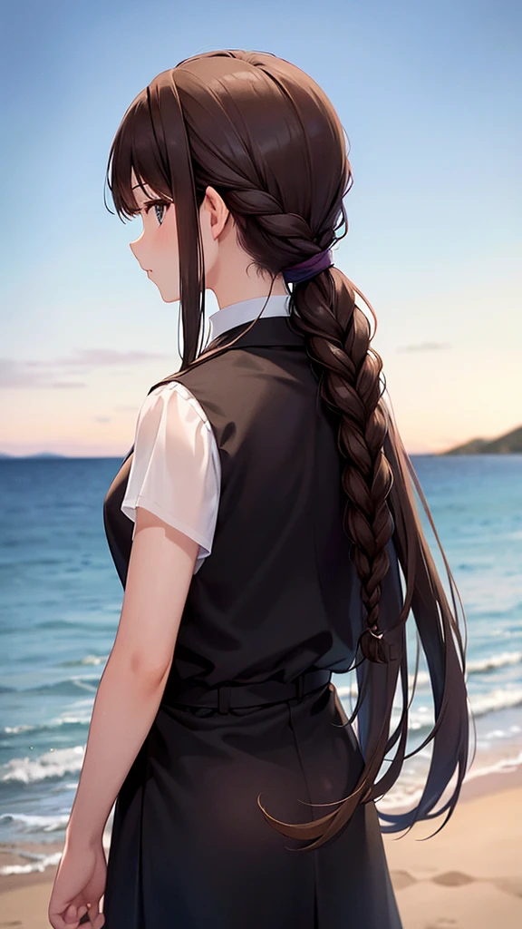 Brown haired woman with braid on right side Standing in an all black suit, standing with your back looking at the beautiful view of the sky.