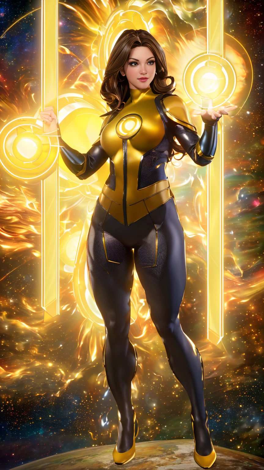 (((full body photo))(best quality,4k,8k,highres,masterpiece:1.2),ultra-detailed,(realistic,photorealistic,photo-realistic:1.37),,superhero,sexy ,(Masterpiece, 4k resolution, ultra-realistic, very detailed) masterpiece, best quality, 1girl, , brown eyes, yellow lantern costume, space background UHD