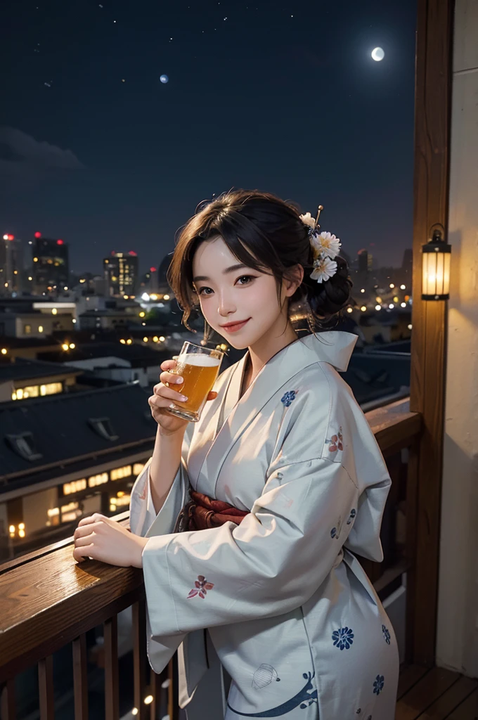 (masterpiece), best quality, expressive eyes, perfect face, At night, under the city lights, on a balcony of an apartment, a woman in a kimono drinks beer, smiling, under the moon and stars, feeling the night breeze.