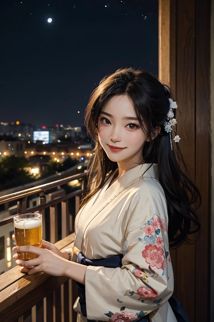 (masterpiece), best quality, expressive eyes, perfect face, At night, under the city lights, on a balcony of an apartment, a woman in a kimono drinks beer, smiling, under the moon and stars, feeling the night breeze.