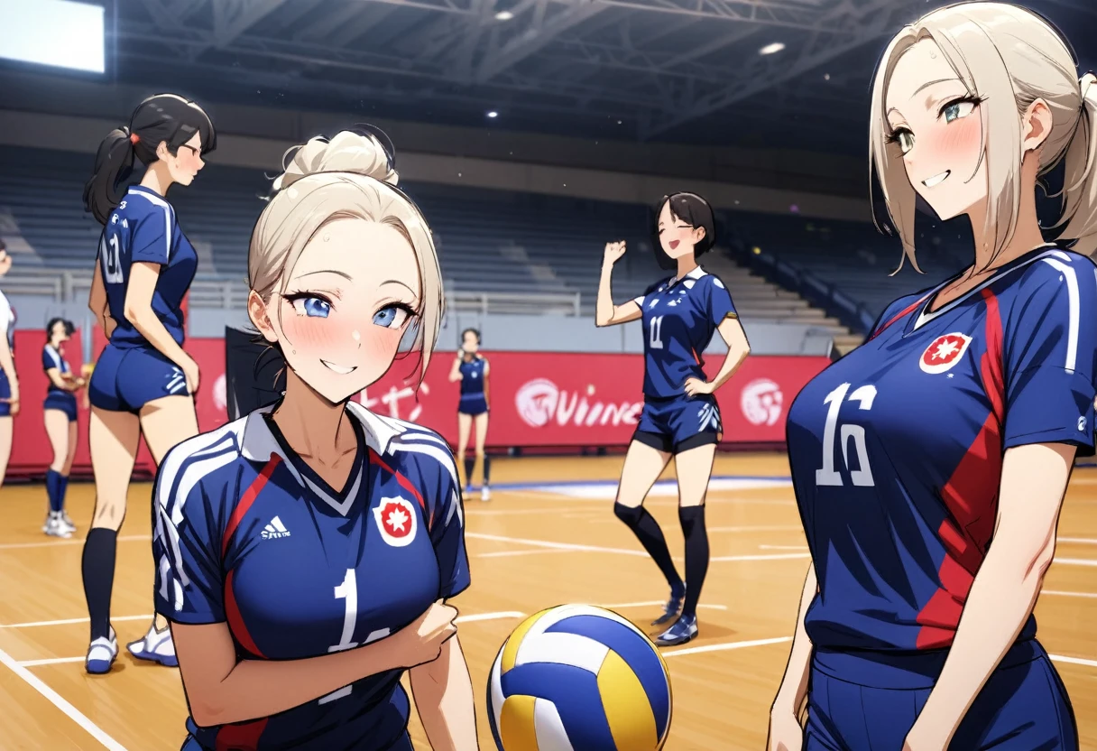 (Japan Women's Volleyball Team style), (in the Kitakyushu Volleyball Stadium), (6 Volleyball player ladys, winner smile, in a blue uniform), perfect anatomy, masterpiece, best quality, 16k, beautiful detailed grow, daydreaming expression.