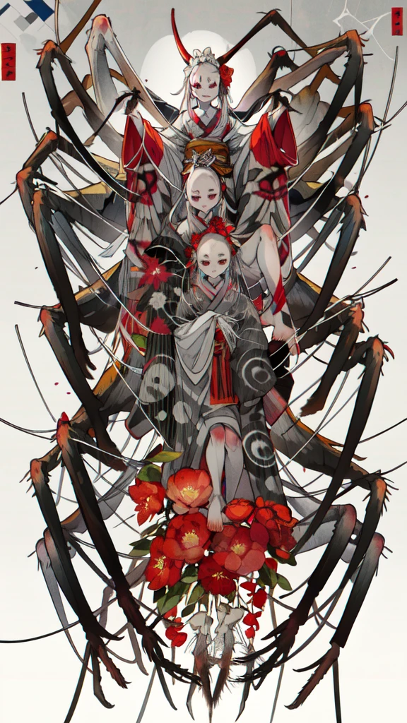 (masterpiece:1.2),Highest quality,Realistic,Nocturnal ghosts,
One girl,silk,Spider web,Long Hair,Arthropod Smiling Girl,kimono,kimono,hair ornaments,Gray Hair,alone,bug,very Long Hair,skull,heart,sash,Spider girl,flower,View your viewers,hair flower,Arthropod limbs,barefoot,horn,Extra arms,Extra Eyes,Red eyes,red flower,Spider,Wide sleeves,Short eyebrows,white kimono,Long sleeve,Colored sclera,Forehead mark,Mouth closed,Skin of color,whole body,grotesque
