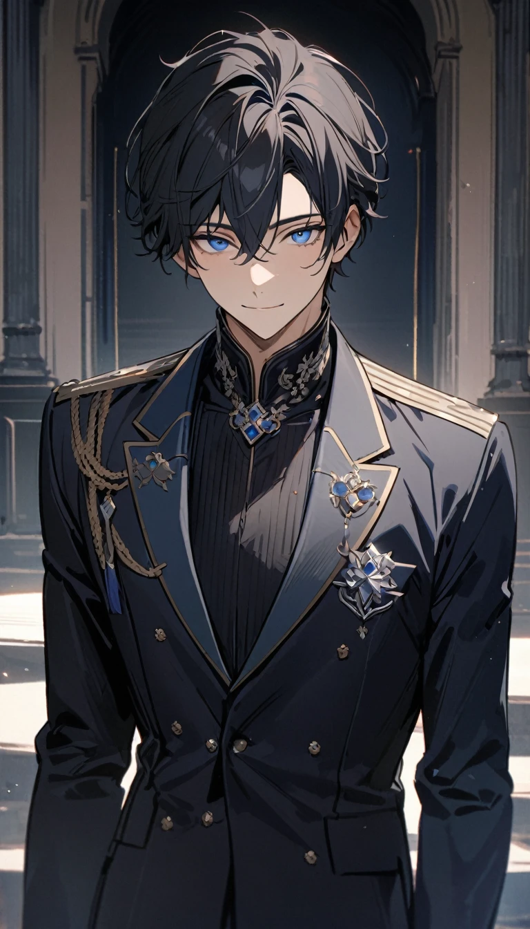 (masterpiece), best quality, expressive eyes, Perfect face, ((1 male))，Solitary，((Black short hair))，((blue eyes)), Exquisite eyes, gentle smile，Navy blue sophisticated suit，Exquisite silver badge, Exquisite clothing details，(((Complete upper body))), (((Front view)))，whole body，noble，Handsome，front，8K