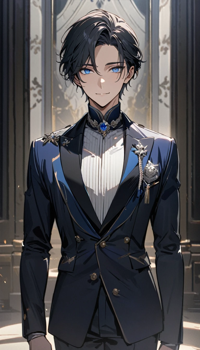 (masterpiece), best quality, expressive eyes, Perfect face, ((1 male)),Solitary,((Black short hair)),((blue eyes)), Exquisite eyes, gentle smile,Navy blue sophisticated suit,Exquisite silver badge, Exquisite clothing details,(((Complete upper body))), (((Front view))),whole body,noble,Handsome,front,8K