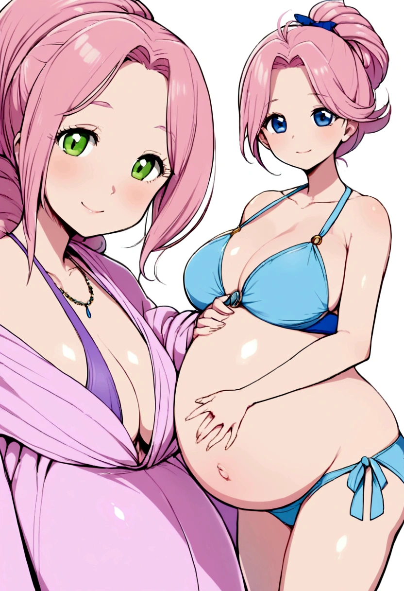 pregnant beautiful tall mom with blue ponytail hair, green eyes, in blue bikini, with a pregnant cute short young girl with long pink hair, blue eyes in purple bikini, both happy