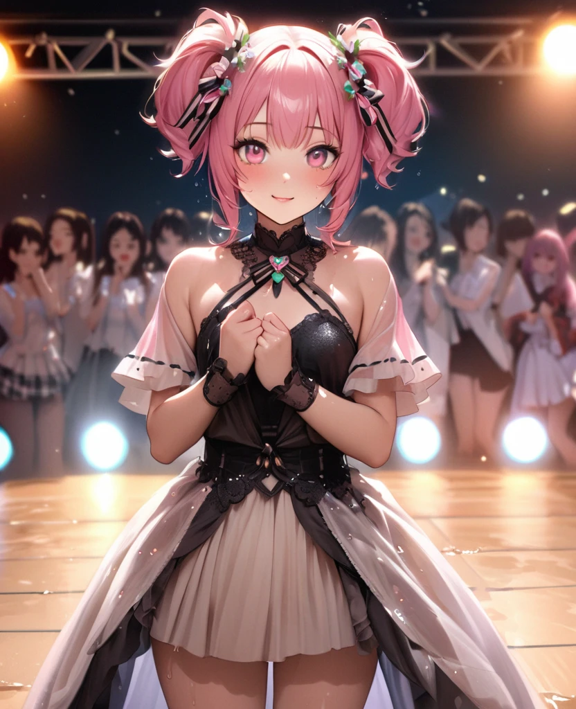 One Girl、Looking at the audience、lovely,
Beautiful pink eyes、short twin tail hair , Mole under the eye、Plump and glossy lips、Heart-shaped choca、Idol、Her name is Rico,smile、ー、。.。.。.。.。.。.。.。.。.。.。.。.。.。.。.。.。.。.3D、Realistic、
The idol's costume was soaked in the heavy rain, and her chest was wet and transparent.Heavy rain at outdoor concert, Drape clothes、gem、The decoration has been removed、Floral、Lace trim,On a glittering stage、
masterpiece、highest quality、8k、Detailed skin texture、Detailed cloth texture、Beautifully detailed face、Intricate details、Very detailed、
超A high resolution、8k Ultra HD、Film Grain、Best Shadow、delicate、Gazing at the audience、front