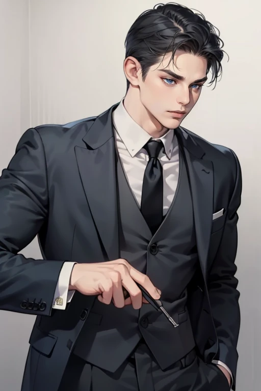 masterpiece, best quality, realistic, 1man, mature male, quiet and charming young man, 37 years old, close his eyes, serious, closed mouth, extremely detailed face, cold, ((dark grey blue eyes)), ((short-right-swept dark white)), [thick eyebrows], (mafia), ((black suit)), accurate, detailed