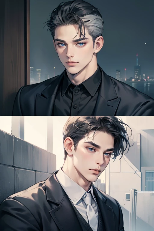 masterpiece, best quality, realistic, 1man, mature male, quiet and charming young man, 37 years old, close his eyes, serious, closed mouth, extremely detailed face, cold, ((dark grey blue eyes)), ((short-right-swept dark white)), [thick eyebrows], (mafia), ((black suit)), accurate, detailed