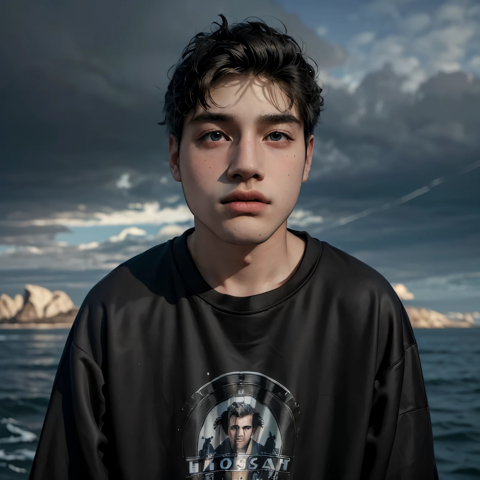 (masterpiece:1.2), (best quality:1.2), hyper realistic,highestres,absurdres,extremely detailed,volumetic,dramatic lighting,(frontal view),
20 year old boy,face,detailed eyes, flat black hoodie, black t-shirt, with background ((sky))