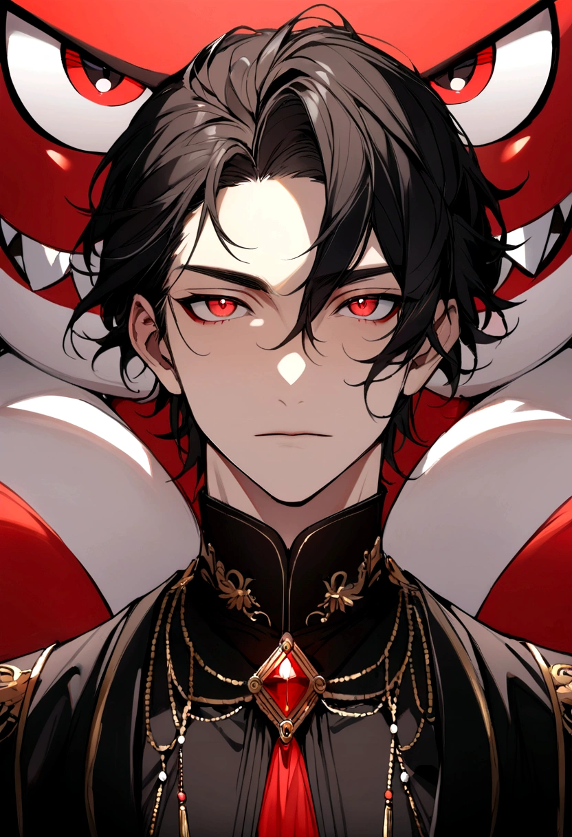 Men 1 , red black hair , Bright red eyes , adult face , looking at viewer , half body , Mascot