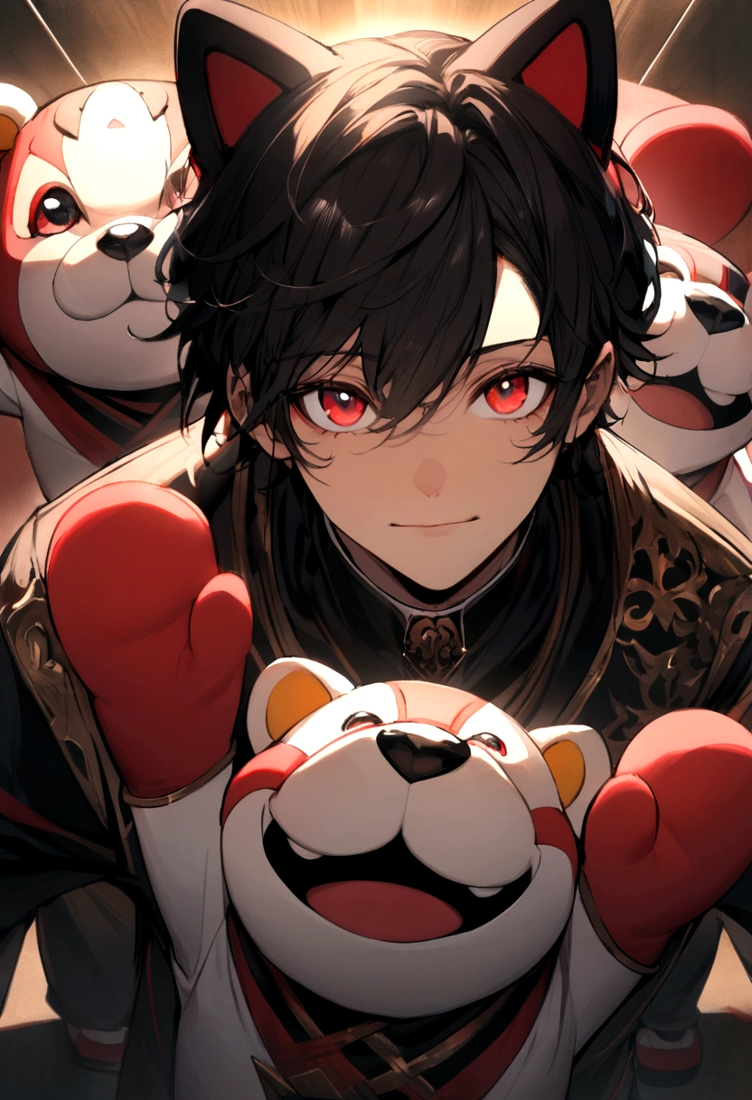 Men 1 , red black hair , Bright red eyes , adult face , looking at viewer , half body , Mascot