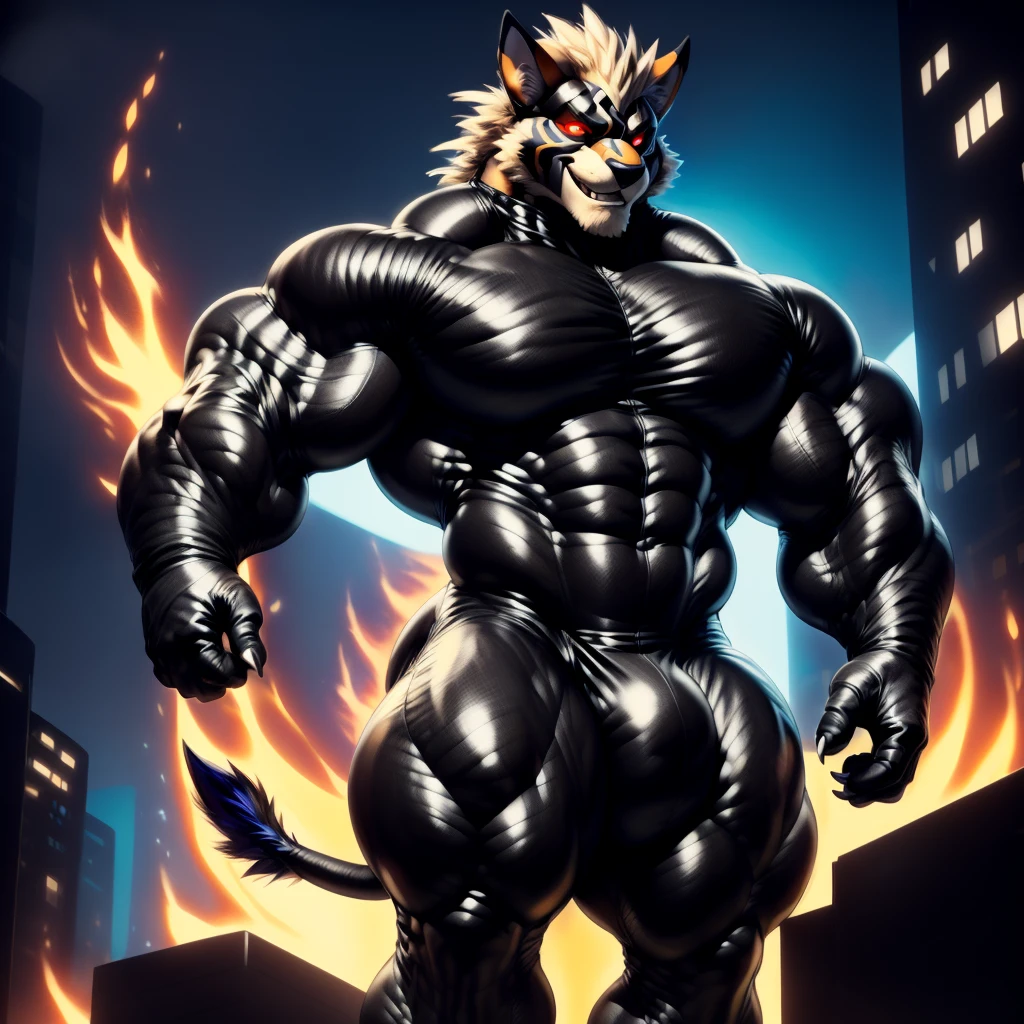 2d, masterpiece, best quality, 4k, 8k, ultra highres, raw photo in hdr, sharp focus, photo realism ,real life like, in a night city, detailed background, solo, (gloves, mask, skin tight), (by null-ghost, by thebigslick, by darkgem, by honovy), Leomon anthro, male focus, perfect red eyes, lighting eyes, (luminescent eyes) full body, Whole Body, fullbody suit, covered pectorals, covered abs, (tight clothing), sexy, Full View, Villain, Bad Guy, Evil, All his clothes are black, smirk, crazy, claws, fire, bedroom eyes, bulge chest, chiseled abs.