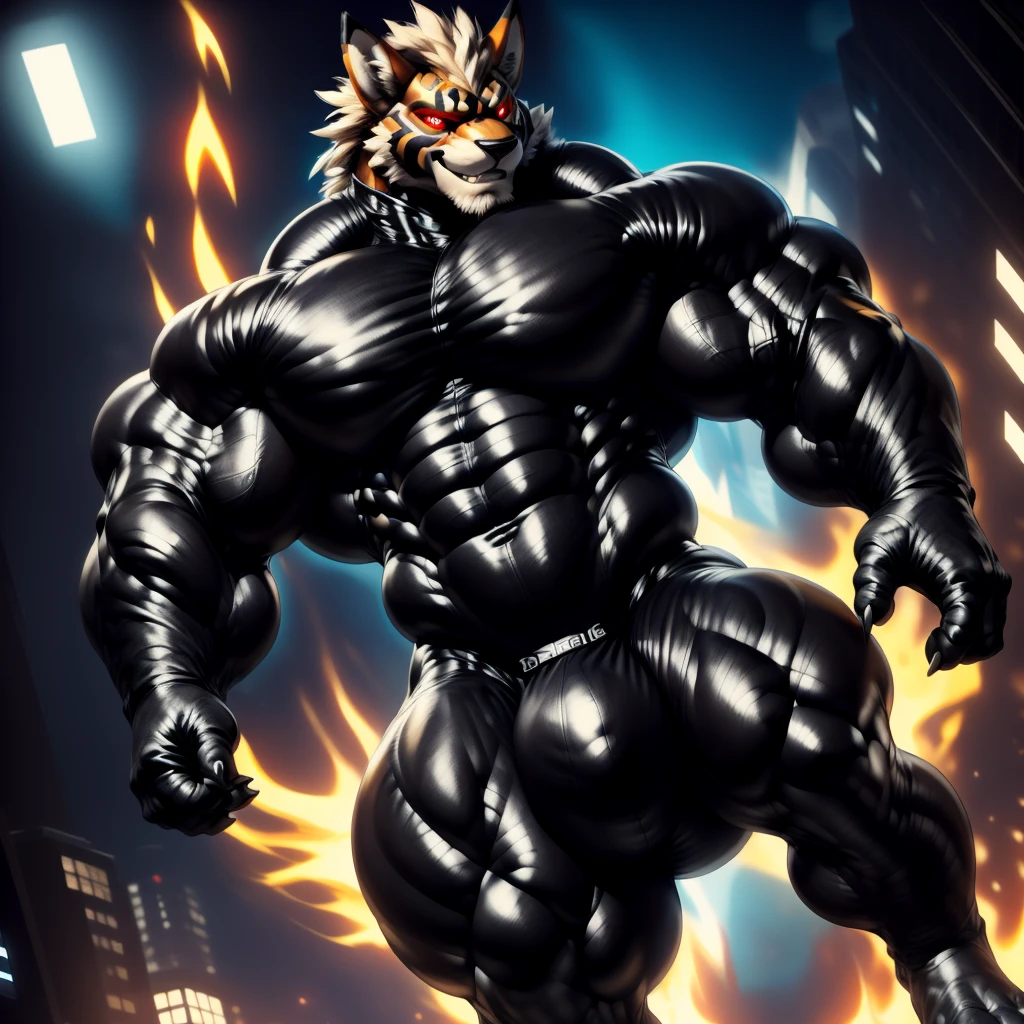 2d, masterpiece, best quality, 4k, 8k, ultra highres, raw photo in hdr, sharp focus, photo realism ,real life like, in a night city, detailed background, solo, (gloves, mask, skin tight), (by null-ghost, by thebigslick, by darkgem, by honovy), Leomon anthro, male focus, perfect red eyes, lighting eyes, (luminescent eyes) full body, Whole Body, fullbody suit, covered pectorals, covered abs, (tight clothing), sexy, Full View, Villain, Bad Guy, Evil, All his clothes are black, smirk, crazy, claws, fire, bedroom eyes, bulge chest, chiseled abs.