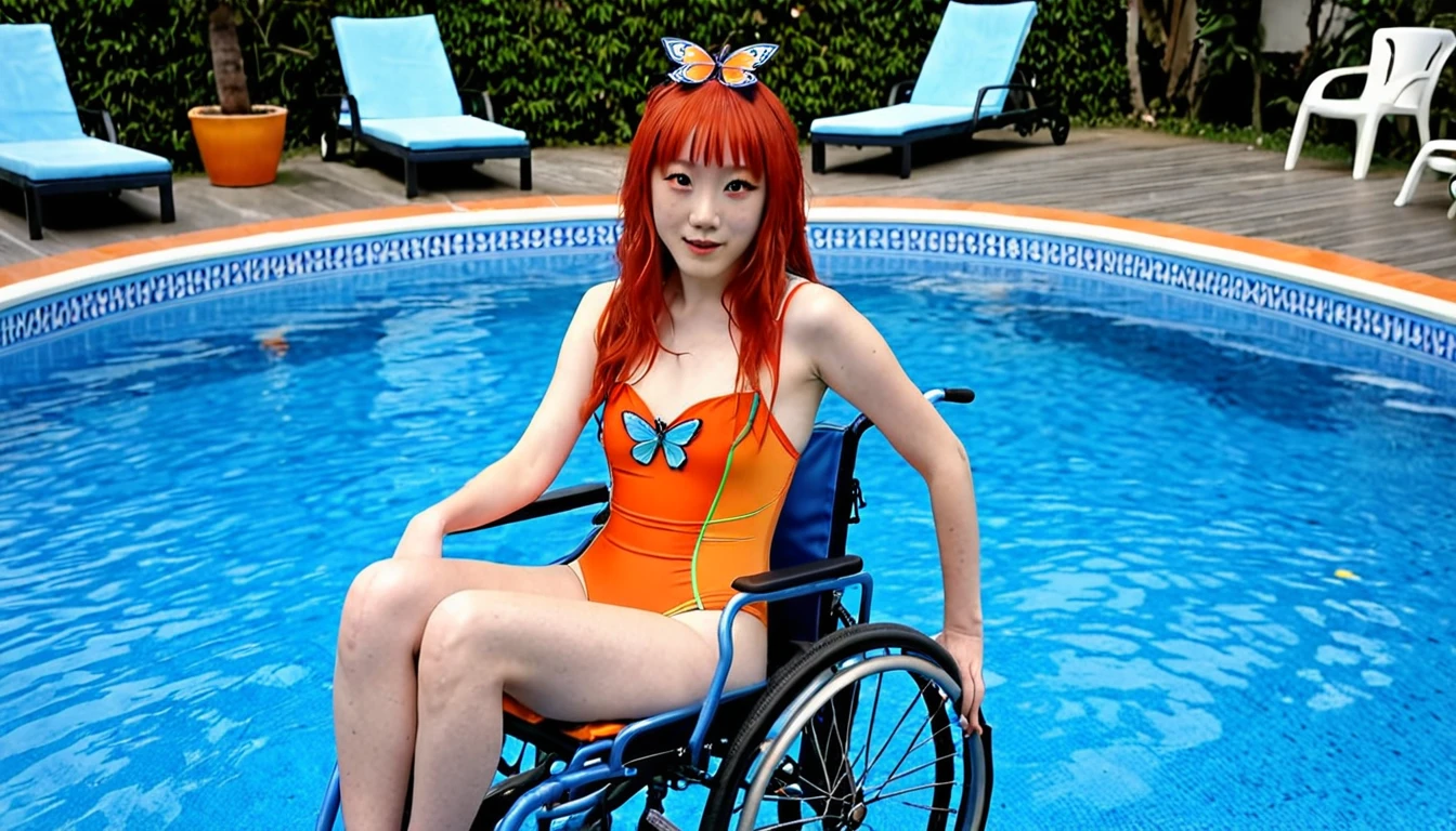 Uhd, photo of Cami, subject: Noriko, 1/2 Japanese 1/2 Hainu skinny girl with long red hair in a 2/00 large wheelchair, blue+++ eyes, oval face, LGBTQIA+, queer, punk style, wearing n orange swimsuit, buttefly hairclip, tattooes. she is getting her feet wet in the outdoor swimming pool., Sorrento, Italian style