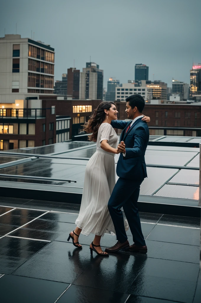 People dancing on roof in rain 