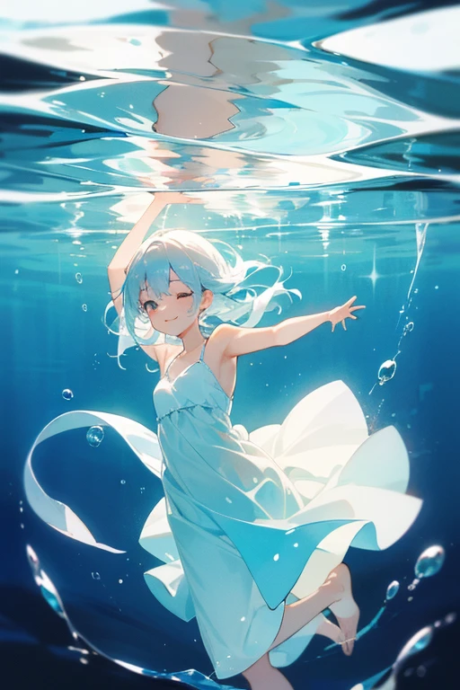 In the sea、In the water、Swim like a dancer、spin、beautiful、beautiful girl、Simple white dress、smile、ephemeral、Bubble、Sparkling、Light、reflection、Fading colors、bright、Low Contrast
