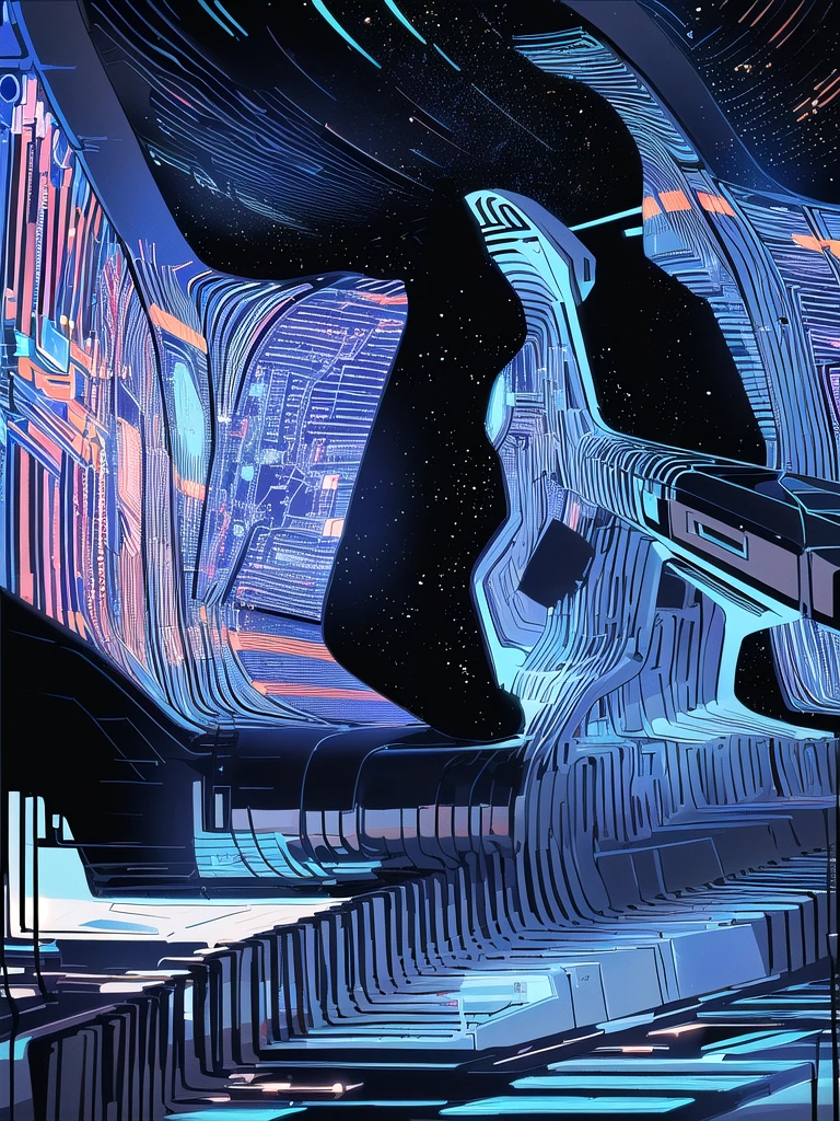 Spaceship cockpit, seat with seat belts, aircraft control panel, Lights, geolocation buttons and maps on panels, The interior of the spaceship, view of the windshield and cabin ,  Space travel, stars, Cosmos, (((no people))), in illustration style 