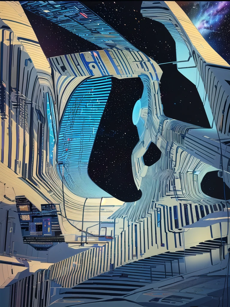 Spaceship cockpit, seat with seat belts, aircraft control panel, Lights, geolocation buttons and maps on panels, The interior of the spaceship, view of the windshield and cabin , Space travel, stars, Cosmos, (((no people))), in illustration style