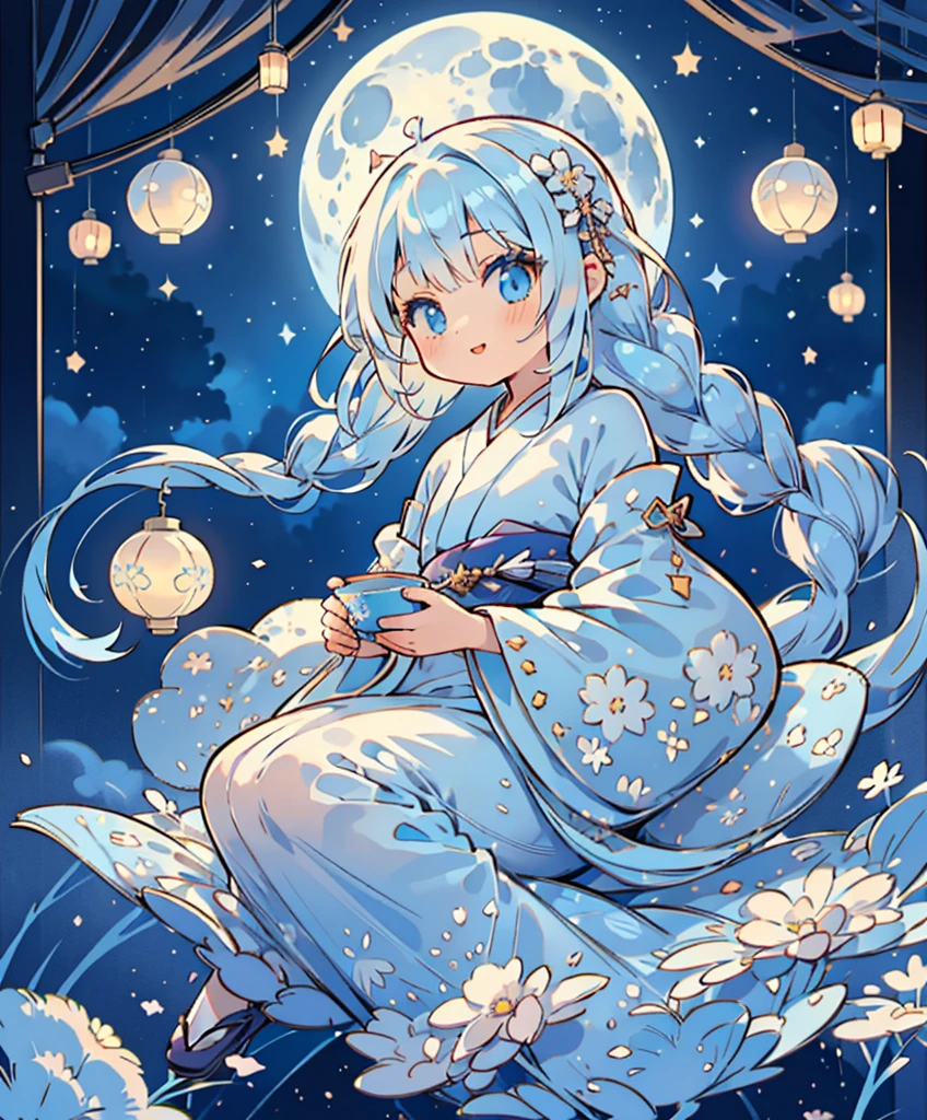 masterpiece, best quality, extremely detailed, (illustration, official art:1.1), 1 girl ,(((( light blue long hair)))), ,(((( light blue long hair)))),light blue hair, long hair ((blush)) , cute face, big eyes, masterpiece, best quality,(((((a very delicate and beautiful girl,))))),Amazing,beautiful detailed eyes,blunt bangs、((((little delicate girl)))),tareme(true beautiful:1.2), sense of depth,dynamic angle, ,Baby Face,flat chest,One girl is looking backwards at the moon, (Sexy smile), Kimono with beautiful patterns and colors., One Big Moon, Big Moon, Girl in the back looking at a very beautiful moon, (On the veranda in the Japan style:1.3), (Holding a cup of Japan:1.2), Liquor bottles are placed, Colorful, ultra-detailliert, high-level image quality, [[[[[multiple arms]]]]]