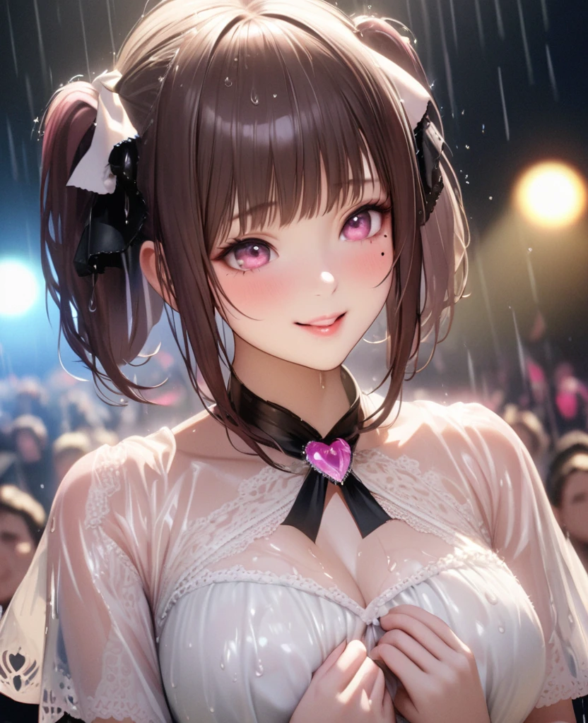 One Girl、Looking at the audience、lovely,
Beautiful pink eyes、short twin tail hair , Mole under the eye、Plump and glossy lips、Heart-shaped choca、Idol、Her name is Rico,smile、ー、。.。.。.。.。.。.。.。.。.。.。.。.。.。.。.。.。.。.3D、Realistic、
The idol's costume was soaked in the heavy rain, and her chest was wet and transparent.Heavy rain at outdoor concert, Drape clothes、gem、The decoration has been removed、Floral、Lace trim,On a glittering stage、
masterpiece、highest quality、8k、Detailed skin texture、Detailed cloth texture、Beautifully detailed face、Intricate details、Very detailed、
超A high resolution、8k Ultra HD、Film Grain、Best Shadow、delicate、Gazing at the audience、front