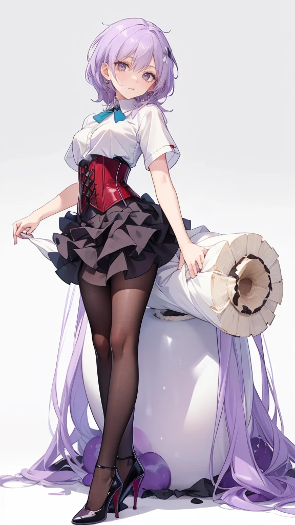 ((Perfect Face)),Purple Hair,long hair,Adult female,White shirt,((Shirt with rolled up sleeves)),(((Roll up your sleeves))),((corset)),short skirt,(High heels),((Simple White Background)),((full body)),((Full Body)),