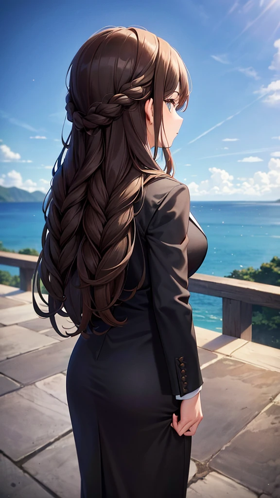Brown haired woman next to twisted braids Standing in an all black suit, standing with your back looking at the beautiful view of the sky.