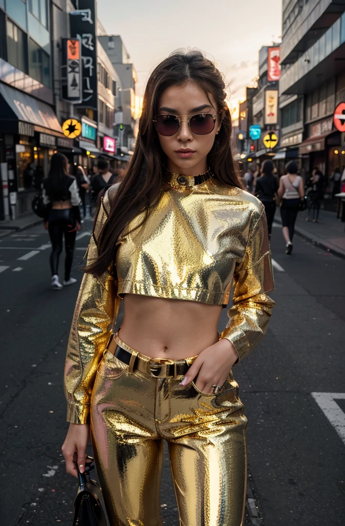 “Create an HD Ultra Realistic image of Young Attractive Asian Woman Sophie Tan in a Y2K-inspired fashion editorial. Sophie is dressed in a metallic gold crop top and matching pleather pants, accessorized with a silver chain belt and tinted sunglasses. The background is a futuristic urban street scene with neon signs and a glowing sunset. Use a professional camera with a 70mm lens to capture Sophie’s bold pose and the reflective quality of her outfit (1.3). The street setting should be blurred to ensure Sophie stands out, with post-production enhancing the sunset glow, adding a shimmering overlay, and using a vibrant color filter for a true Y2K editorial look (1.4).”