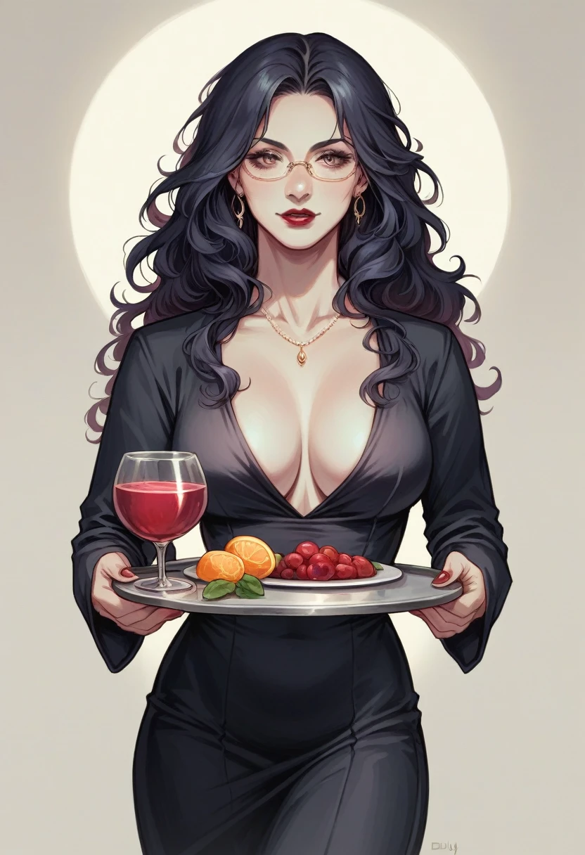 Sexy female waitress in a sleek black dress, Red lipstick and wavy hair, Holding a tray of colorful cocktails, Standing in a dimly lit, upscale bar, Polished bar counter with hanging wine glasses, Elegant and sophisticated atmosphere, Muted lighting with warm golden tones, Digital illustration, Realistic with a touch of fantasy, Highly detailed and sharp focus, by Olivia De Berardinis and Gil Elvgren, Artstation