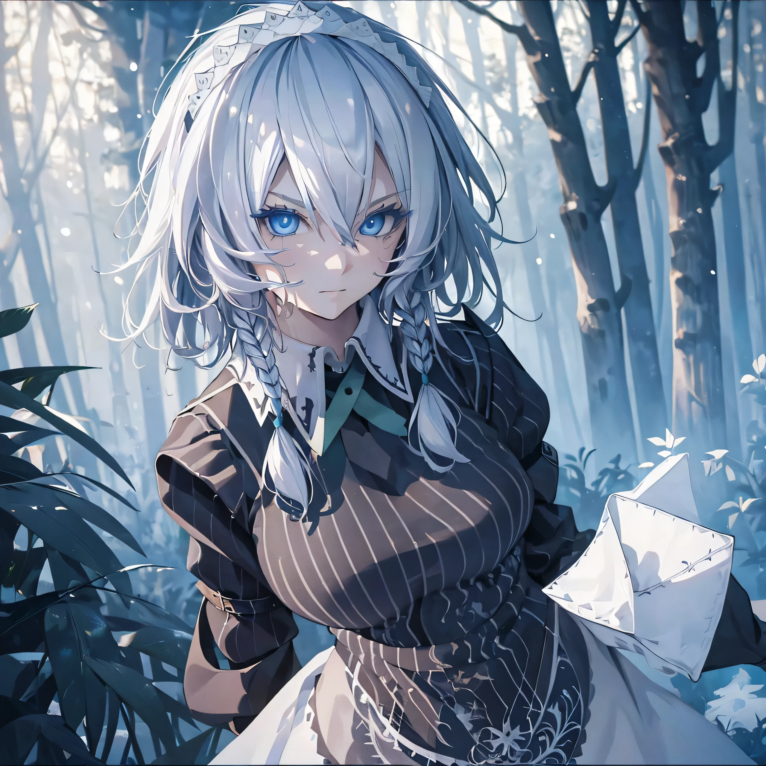 White hair girl, beautiful detailed eyes, pale skin, elegant pose, fantasy setting, soft lighting, ethereal atmosphere, mesmerizing gaze, delicate features, porcelain-like complexion,  sparkling snowflakes falling around her, snow-covered landscape,  graceful movement, dreamlike aura, enchanting beauty, enchanted forest, surreal color palette, delicate snowflakes melting on her fingertips, frozen breath in the air, winter wonderland scenery, magical glow surrounding her, serene expression, captivating presence, subtle hints of blue and silver, soft rays of sunlight filtering through the trees, tranquility and peace in her presence, icy blue eyes reflecting the beauty of her surroundings, dreamy and otherworldly atmosphere, a touch of mystery, artistic masterpiece, high resolution details, stunning portrait, portrait in a fairytale world, (1girl:1.2), solo, , Sakuya izayoi, silver hair, maid dress, white apron, very short skirt, sexy pose,, sleeveless outfit, detailed face, detailed eyes, fresh blue eyes, big green ribbons, blue outfit, small-to-medium breasts, white hair, bowtie girl, white maid headband, upper body, close up, (braided hair:1.2)