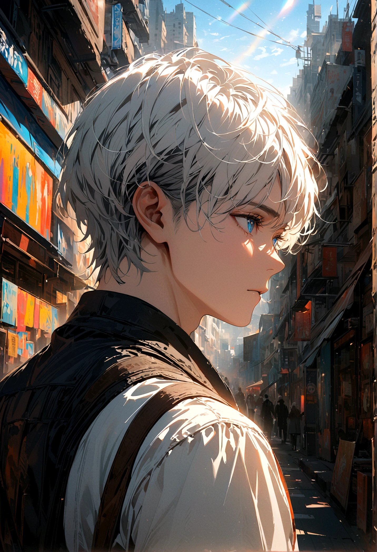 A man with two black and white hair and blue eyes turned his back and stood alone with his face half-turned in the middle of the city during the daytime.