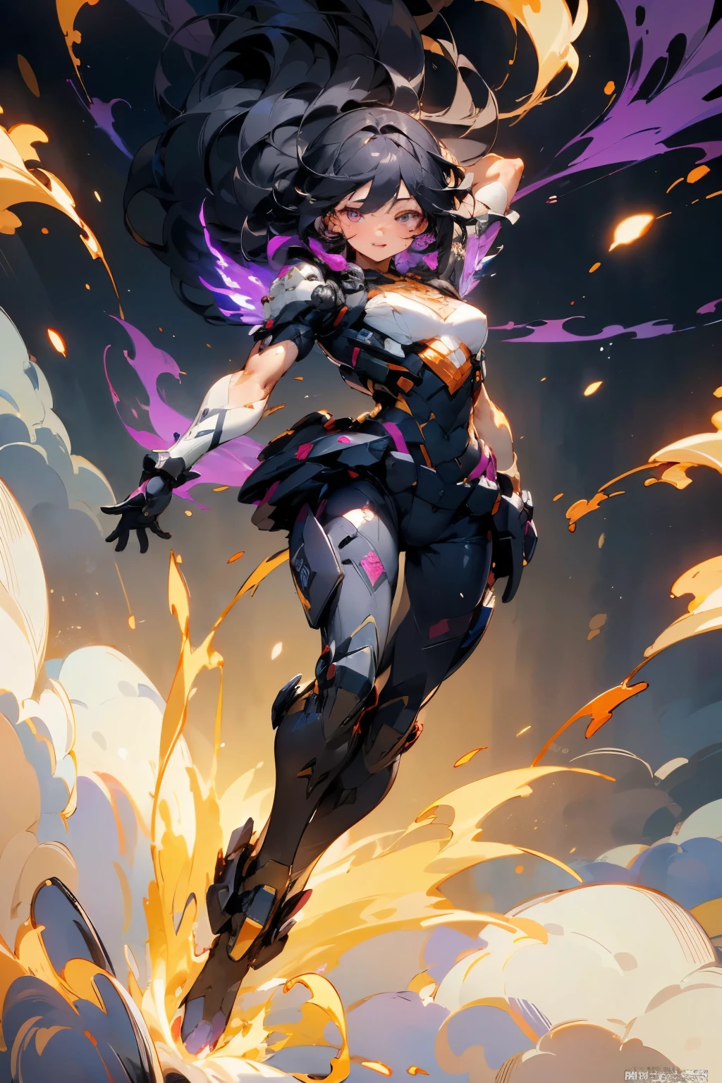 ((Highest quality)), ((masterpiece)), (detailed), One girl, sexy(oil, masterpiece, Highest quality, Super detailed, Focus on the characters,Facing front),(One girl,alone,Detailed face,The face is detailed as shown in the picture,),(The wind is blowing strongly,Beautiful black hair,Full body tattoos,),(Dynamic Angle, Dynamic pose,),(Her chest is exposed,Muscular,Exoskeleton,black,front,Enveloped in purple flames all over the body,)