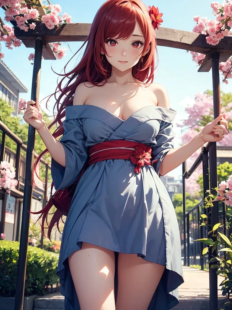 Beautiful young woman, Anime Style, Detailed face, Redhead, Red eyes, Delicate features, Soft lighting, wearing a summer dress, Show off your thighs, Standing in the park, Bright green, Clear blue sky, blooming flowers, Relaxed facial expression, Dynamic pose, Japanese Anime Style, high quality, Very detailed, 8K resolution, Cinema Lighting, 最high quality, Vibrant colors, Instagrammable, beautiful, trend、Erotic、sexy、Shoulder Bare、Half naked