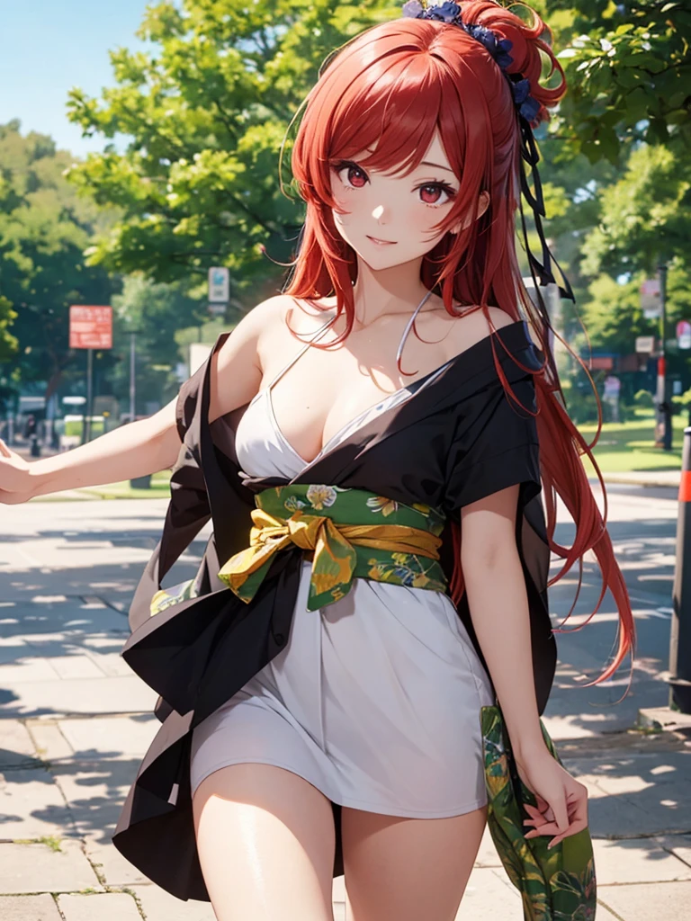 Beautiful young woman, Anime Style, Detailed face, Redhead, Red eyes, Delicate features, Soft lighting, wearing a summer dress, Show off your thighs, Standing in the park, Bright green, Clear blue sky, blooming flowers, Relaxed facial expression, Dynamic pose, Japanese Anime Style, high quality, Very detailed, 8K resolution, Cinema Lighting, 最high quality, Vibrant colors, Instagrammable, beautiful, trend、Erotic、sexy、Shoulder Bare、Half naked