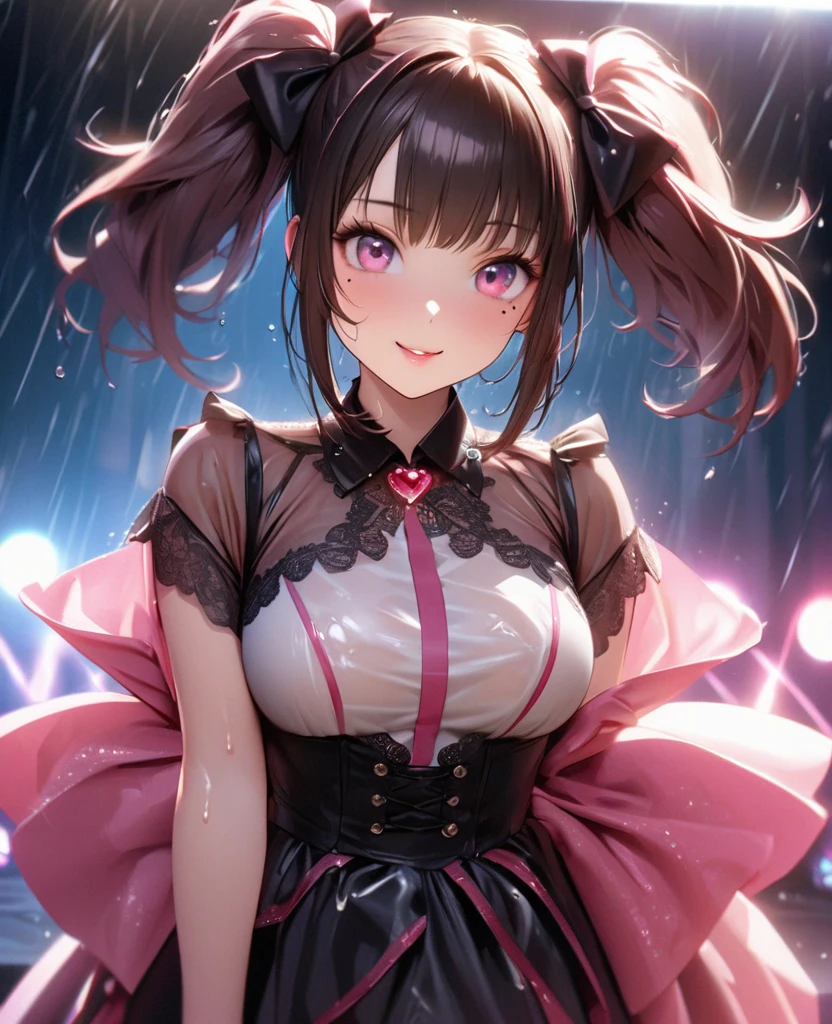One Girl、Looking at the audience、lovely,
Beautiful pink eyes、short twin tail hair , Mole under the eye、Plump and glossy lips、Heart-shaped choca、Idol、Her name is Rico,smile、ー、。.。.。.。.。.。.。.。.。.。.。.。.。.。.。.。.。.。.3D、Realistic、
The idol's costume was soaked in the heavy rain, and her chest was wet and transparent.Heavy rain at outdoor concert, Drape clothes、gem、The decoration has been removed、Floral、Lace trim,On a glittering stage、
masterpiece、highest quality、8k、Detailed skin texture、Detailed cloth texture、Beautifully detailed face、Intricate details、Very detailed、
超A high resolution、8k Ultra HD、Film Grain、Best Shadow、delicate、Gazing at the audience、front