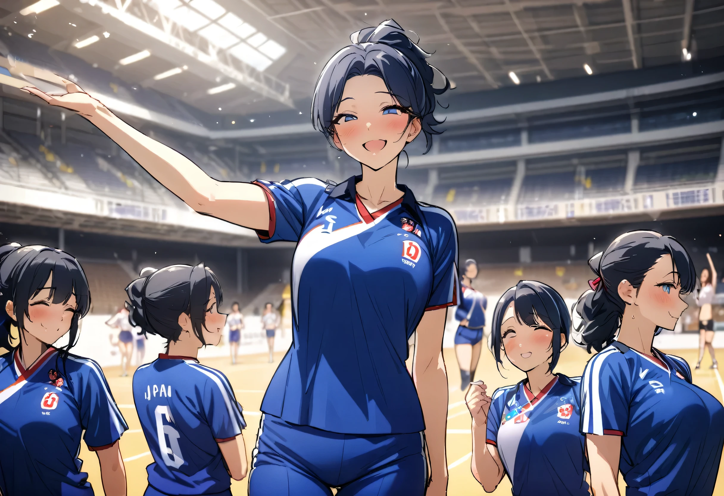 (Japan Women's Volleyball Team style), (in the Kitakyushu Volleyball Stadium), (6 Volleyball player ladys, winner smile, in a blue uniform), perfect anatomy, masterpiece, best quality, 16k, beautiful detailed grow, daydreaming expression.