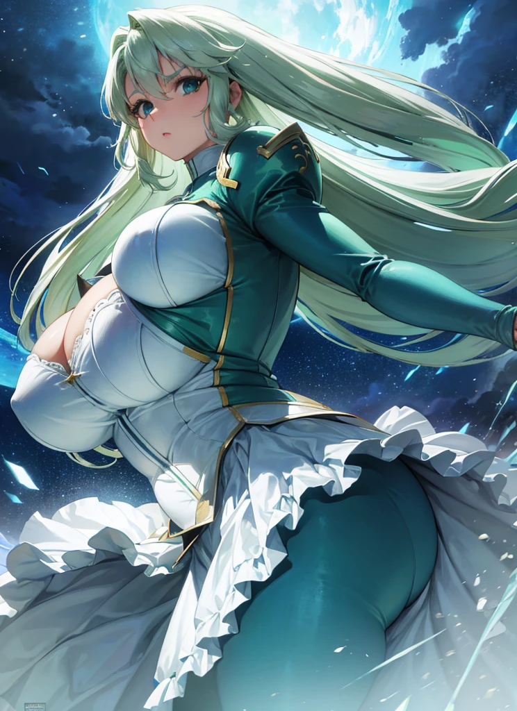 27 yo's woman, light cyan hair, green Pandora's clothes,huge And round breasts, gorgeous plump body, serious expression, Green satellizer's outfit,Very long skirt, her hands holding large knives, dashing position