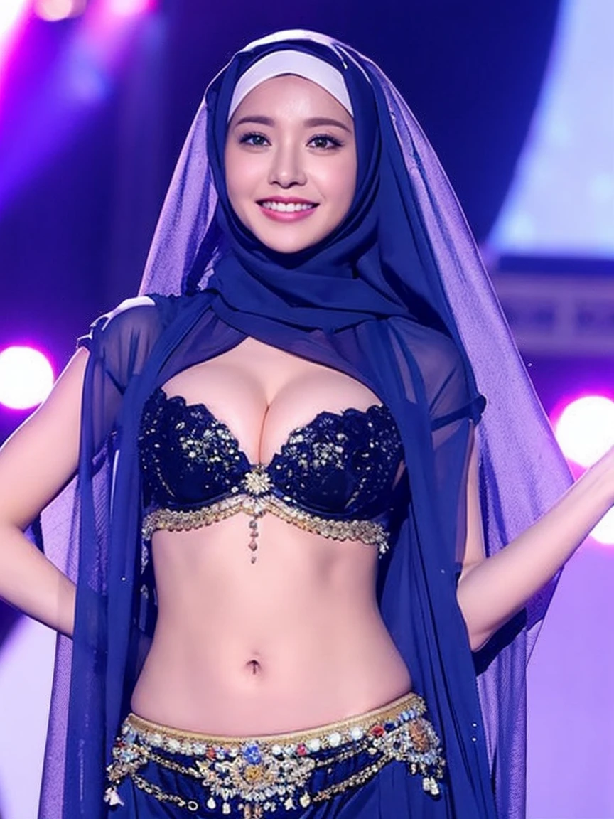 Beautiful arabian model woman wearing hijab on stage,  Large Breasts, Belly Dancer , alone, smile, Cleavage, 