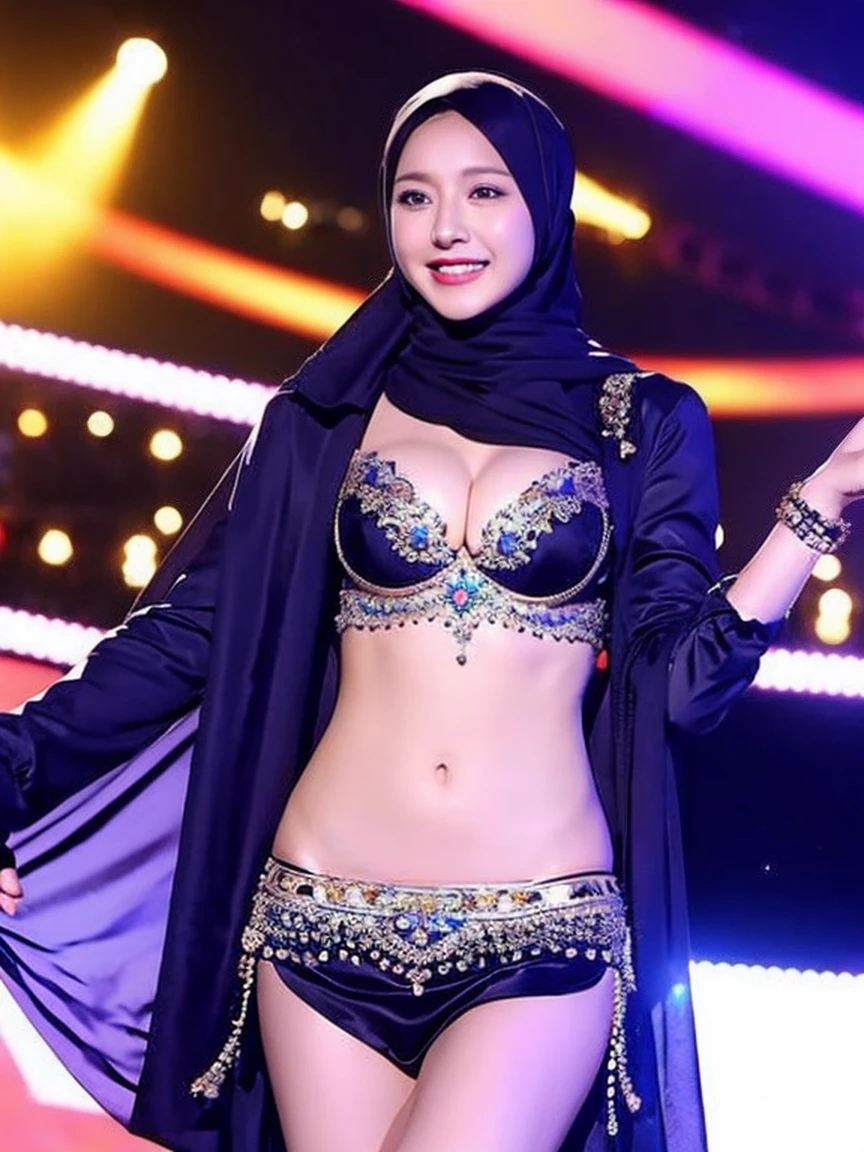 Beautiful arabian model woman wearing hijab on stage, Large Breasts, Belly Dancer , alone, smile, Cleavage,