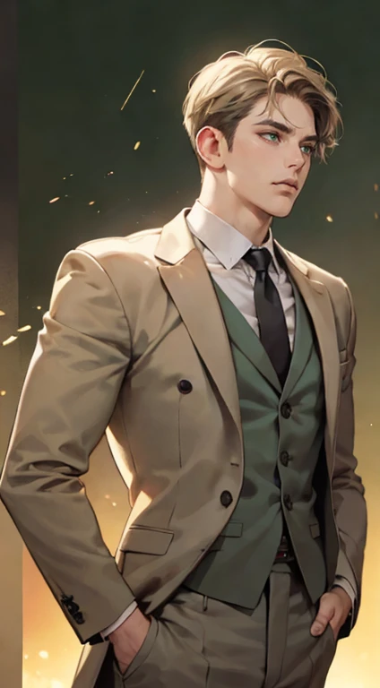 masterpiece, best quality, realistic, 1man, mature male, quiet and charming young man, 36 years old, close his eyes, serious look, extremely detailed face, ((dark grey green eyes)), ((short-right-swept dark golden hair)), [thick eyebrows], detective, plain background, ((suit)), cinematic lighting, looking at the audience, posture dynamics
