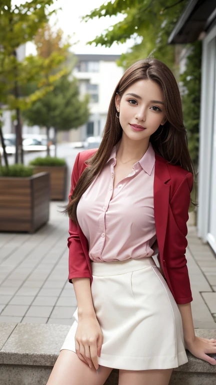 Highest quality, Realistically, Very detailed, More about pubic hair, High resolution, 8k wallpaper, One beautiful woman, Pink wet lips, Light brown straight hair, Wearing a crimson suit, shirt, White Skirt, Lock Focus, Perfect dynamic composition, Beautiful Eyes, Delicate hair, Detailed Realistically skin texture, smile, Close-up portrait, Model Body Type, On the open terrace of the cafe, (whole body to toes), Shooting from a distance, Random body orientation,