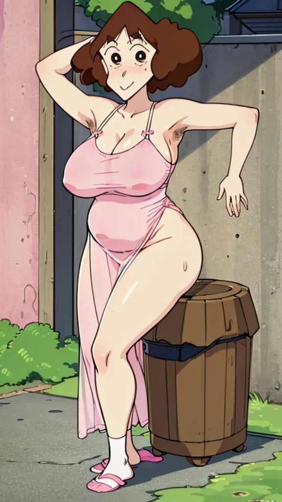 Misae Nohara, (Auntie:1.5), (Mature Woman:1.5), (absurderes, 8K, 4K, masutepiece, hyper extreme detailed:1.2), Best Quality, Perfect Anatomy,Perfect face,High humidity, (Huge breasts:1.7), (A sheer pink nightgown:1.4), (Wet:1.2), (.Alley:1.3), Graffitied wall, Garbage can, Scattered trash, (alone:1.5), (Brown eyes:1.2), (Clothing is revealing:1.2), Exposed shoulders, Torn clothes, Are pregnant, Firm breasts, Upturned nipples, Showing cleavage, Mole on chest, (Thick armpit hair:1.4), (blush:1.2), A kind smile, relief, peace of mind, (maternal:1.3), (Gentle look:1.5), Smiling face, (Outdoor:1.5), (Out:1.3), Thick thighs, Leg socks, garter belt