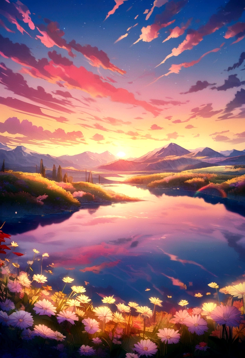 Enjoy a beautiful sunset, The hills are covered with flowers and plants., Flowers are nearby, Colorful Sky, Surreal colors, Colorful sunset, Colorful Sky, Beautiful skyの反射, Beautiful sky, Fantastic atmosphere 8K, Multicolored clouds, Colors reflected in the lake, Surreal Sky, Red and blue reflections, Fire Reflection, Beautiful sky, beautiful and spectacular sunset, Beautiful dream landscape, Beautiful sky