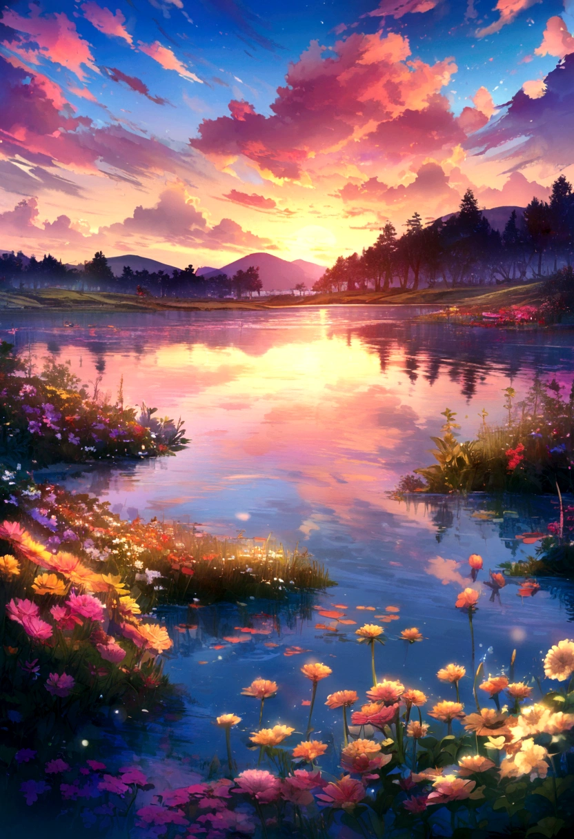 Enjoy a beautiful sunset, The hills are covered with flowers and plants., Flowers are nearby, Colorful Sky, Surreal colors, Colorful sunset, Colorful Sky, Beautiful skyの反射, Beautiful sky, Fantastic atmosphere 8K, Multicolored clouds, Colors reflected in the lake, Surreal Sky, Red and blue reflections, Fire Reflection, Beautiful sky, beautiful and spectacular sunset, Beautiful dream landscape, Beautiful sky