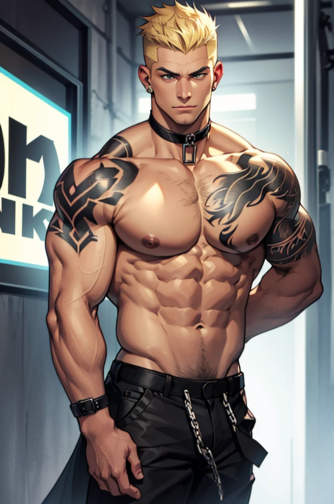 a buff man with blonde shaved upper cut hair wearing a black choker with a black wolf tattoo on his right chest full body shot