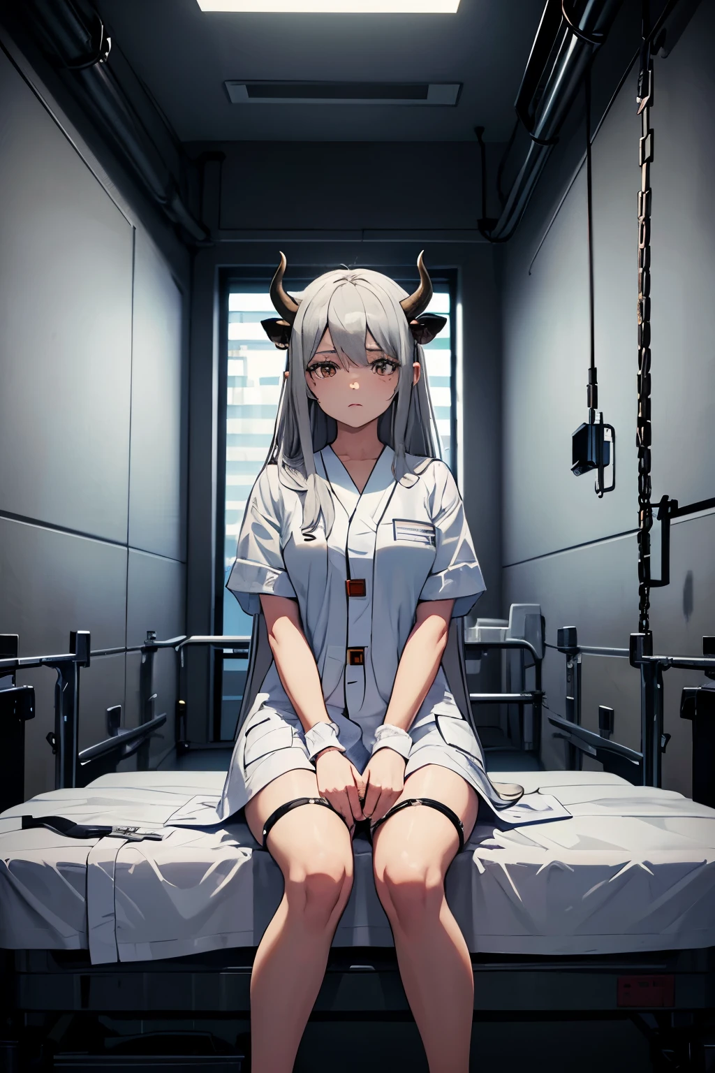 1 girl, bondage, torture, full body, tied to a torture machine, naked, tickling, hands on anothers hips, laughing, crying, drooling, deadman shiro, albino, hair between eyes, long hair, (red eyes:1.5), white hair, deadman wonderland