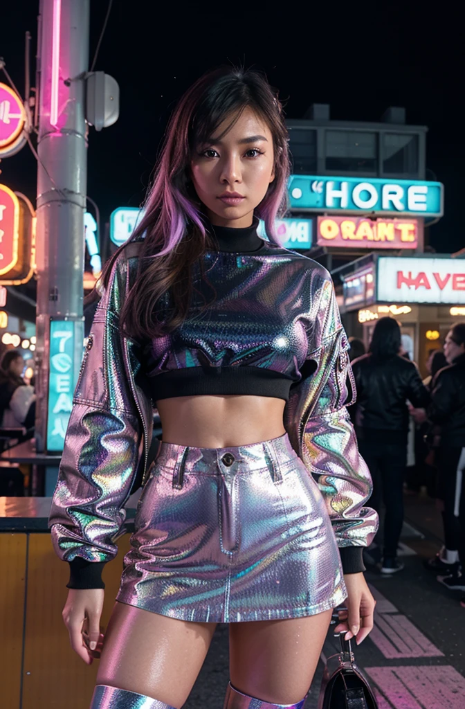 Develop an HD Ultra Realistic image of Young Attractive Asian Woman Sophie Tan posing in a Y2K fashion scene. Sophie is outfitted in a holographic bomber jacket over a neon crop top and matching mini skirt, paired with knee-high boots. The backdrop features a retro diner with neon signs and chrome accents. Capture this image using a professional camera with a 35mm lens, highlighting Sophie’s dynamic pose and the iridescent tones of her outfit (1.3). The diner setting should be blurred to keep Sophie as the focal point, with post-production enhancing the neon lighting, adding a soft vignette effect, and using a pastel filter to match the Y2K editorial style (1.4).”