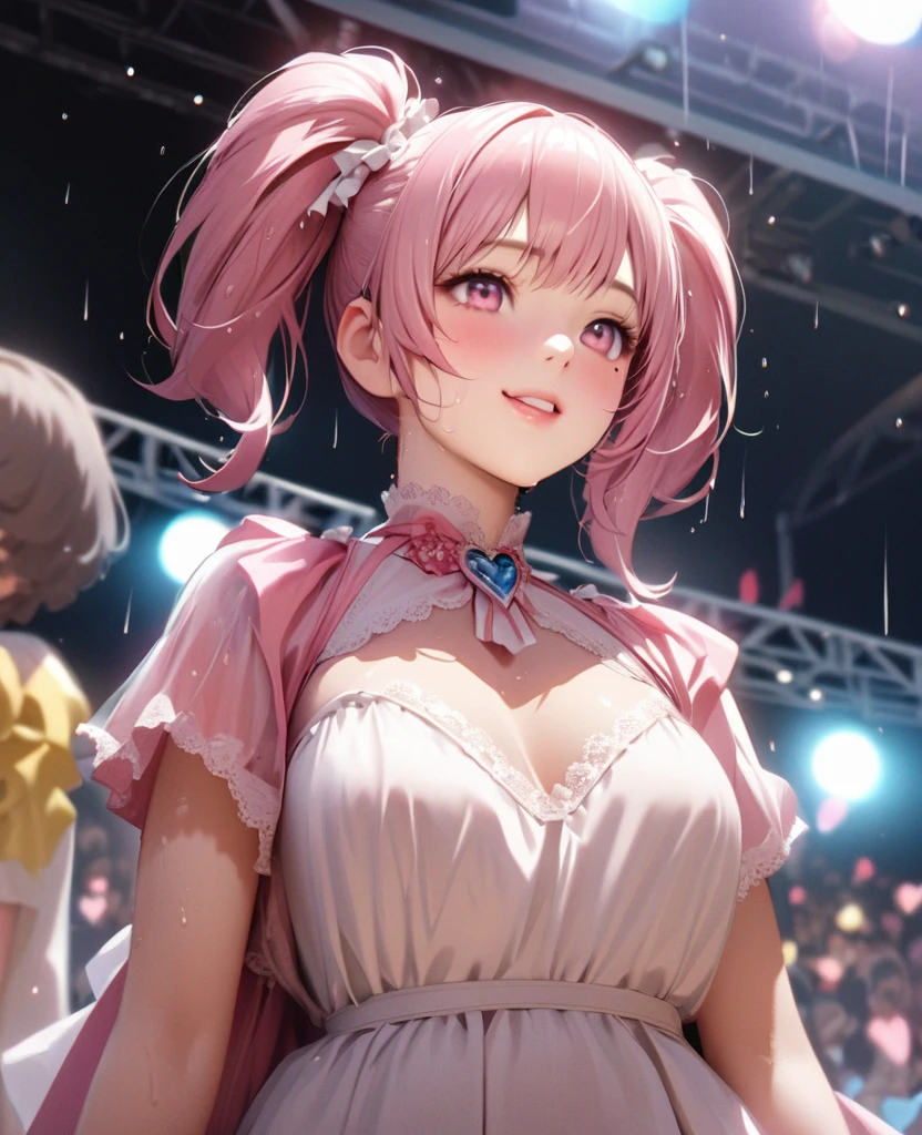 One Girl、Looking at the audience、lovely,
Beautiful pink eyes、short twin tail hair , Mole under the eye、Plump and glossy lips、Heart-shaped choca、Idol、Her name is Rico,smile、ー、。.。.。.。.。.。.。.。.。.。.。.。.。.。.。.。.。.。.3D、Realistic、
The idol's costume was soaked in the heavy rain, and her chest was wet and transparent.Heavy rain at outdoor concert, Drape clothes、gem、The decoration has been removed、Floral、Lace trim,On a glittering stage、
masterpiece、highest quality、8k、Detailed skin texture、Detailed cloth texture、Beautifully detailed face、Intricate details、Very detailed、
超A high resolution、8k Ultra HD、Film Grain、Best Shadow、delicate、Gazing at the audience、front