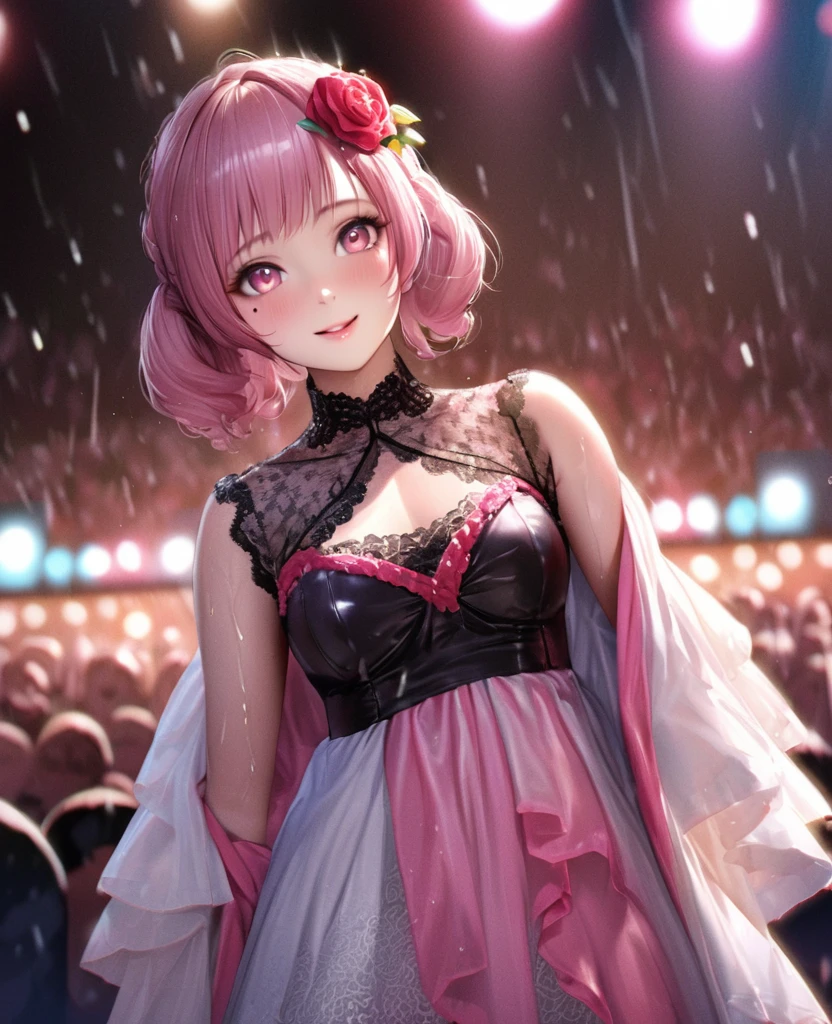 One Girl、Looking at the audience、lovely,
Beautiful pink eyes、short twin tail hair , Mole under the eye、Plump and glossy lips、Heart-shaped choca、Idol、Her name is Rico,smile、ー、。.。.。.。.。.。.。.。.。.。.。.。.。.。.。.。.。.。.3D、Realistic、
The idol's costume was soaked in the heavy rain, and her chest was wet and transparent.Heavy rain at outdoor concert, Drape clothes、gem、The decoration has been removed、Floral、Lace trim,On a glittering stage、
masterpiece、highest quality、8k、Detailed skin texture、Detailed cloth texture、Beautifully detailed face、Intricate details、Very detailed、
超A high resolution、8k Ultra HD、Film Grain、Best Shadow、delicate、Gazing at the audience、front