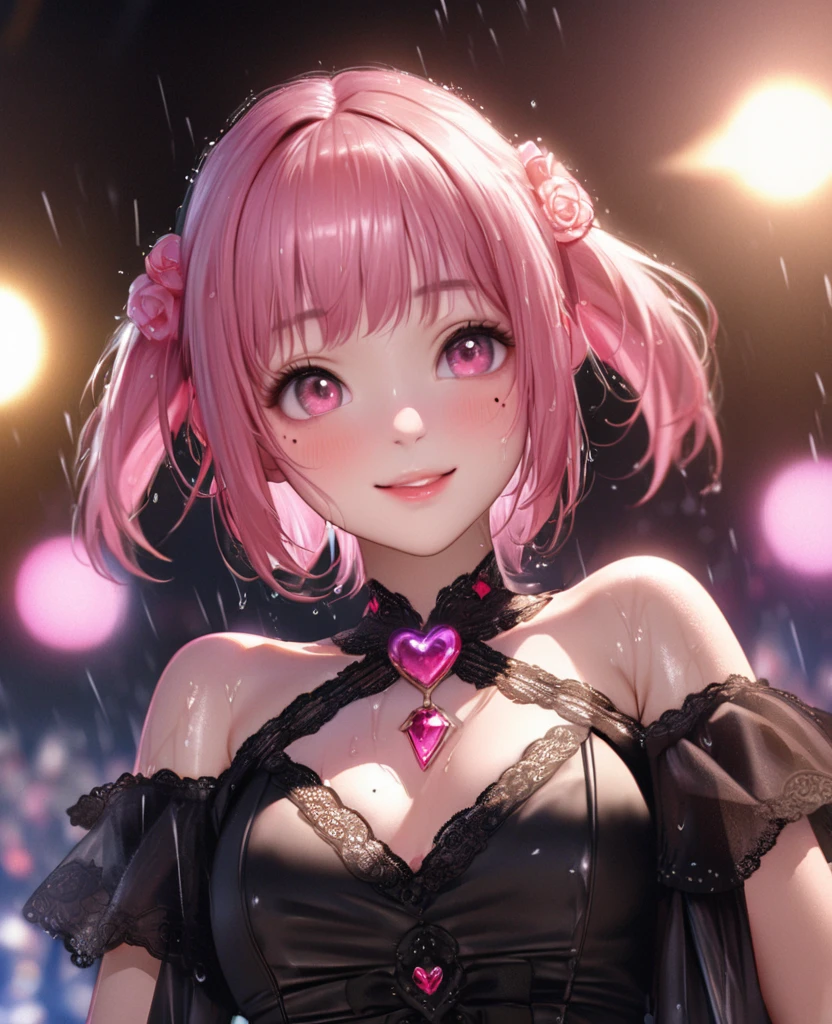 One Girl、Looking at the audience、lovely,
Beautiful pink eyes、short twin tail hair , Mole under the eye、Plump and glossy lips、Heart-shaped choca、Idol、Her name is Rico,smile、ー、。.。.。.。.。.。.。.。.。.。.。.。.。.。.。.。.。.。.3D、Realistic、
The idol's costume was soaked in the heavy rain, and her chest was wet and transparent.Heavy rain at outdoor concert, Drape clothes、gem、The decoration has been removed、Floral、Lace trim,On a glittering stage、
masterpiece、highest quality、8k、Detailed skin texture、Detailed cloth texture、Beautifully detailed face、Intricate details、Very detailed、
超A high resolution、8k Ultra HD、Film Grain、Best Shadow、delicate、Gazing at the audience、front